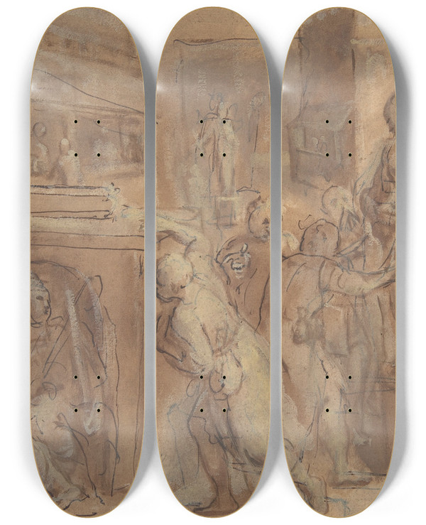 Triptych art skateboard deck of Otto Van Veen Emblematic Scene by Otto van Veen (1556-1629)