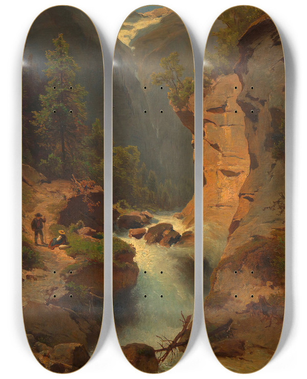 Triptych art skateboard deck of Melchior Fritsch Wasserfall by Melchior Fritsch (1826-1889)
