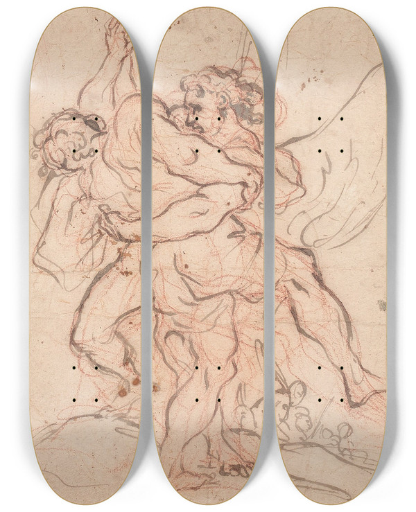 Triptych art skateboard deck of Carlo Maratta La Lutte De Jacob Avec Lange by Carlo Maratta (1625-1713)