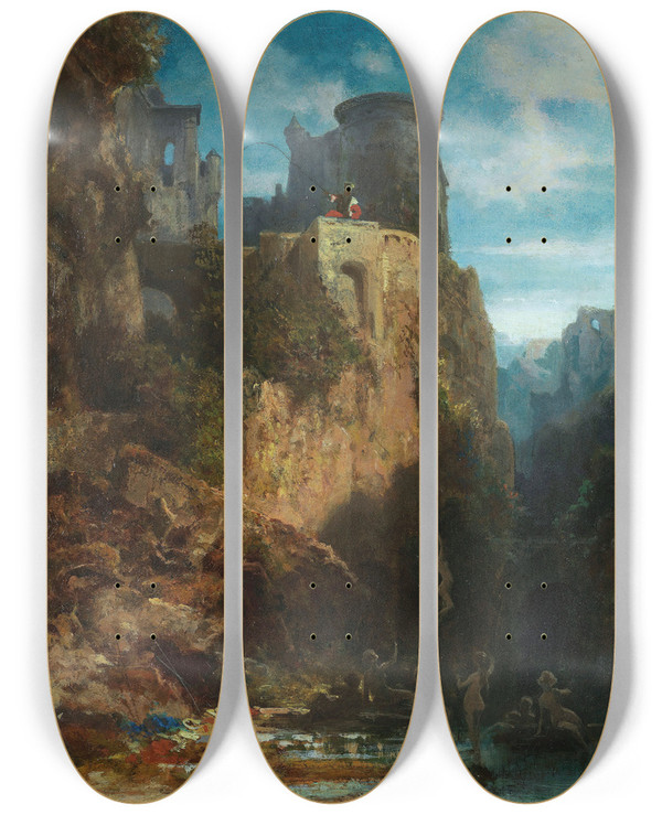 Triptych art skateboard deck of Carl Spitzweg Nixenfang by Carl Spitzweg (1808-1880)