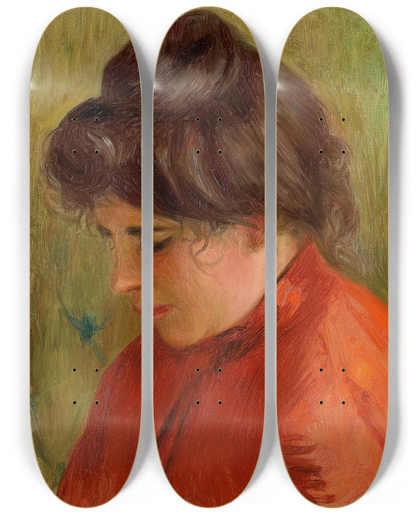 Triptych art skateboard deck of Pierreauguste Renoir Gabrielle En Rouge by Pierre-Auguste Renoir (1841-1919)