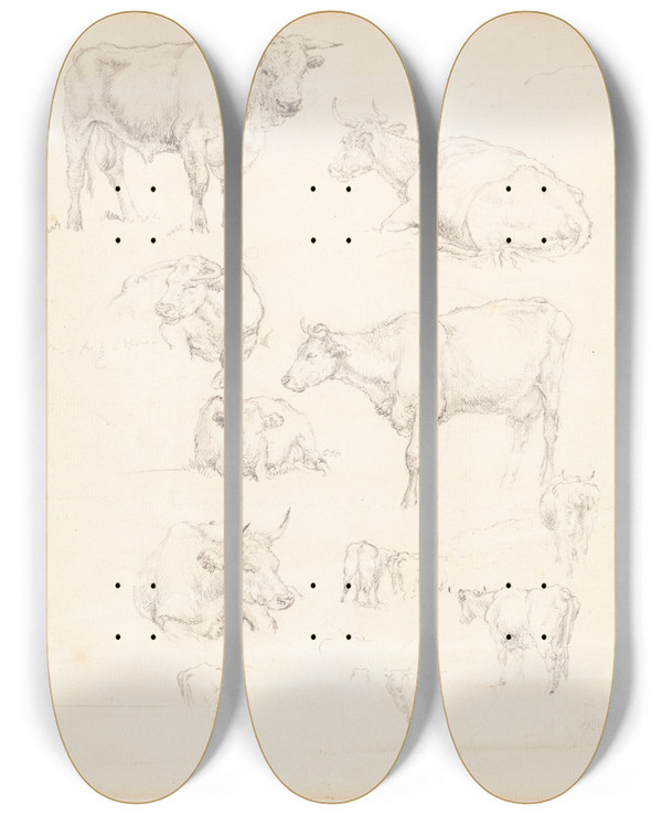 Triptych art skateboard deck of Robert Hills Studies Of Cattle by Robert Hills (1769-1844)