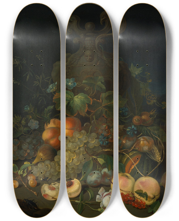 Triptych art skateboard deck of Justus Juncker Fruchtstillleben by Justus Juncker (1703-1767)