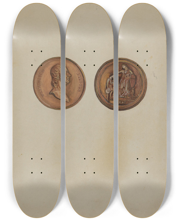 Triptych art skateboard deck of Vincent Murphy Medal Bronze by Vincent Murphy