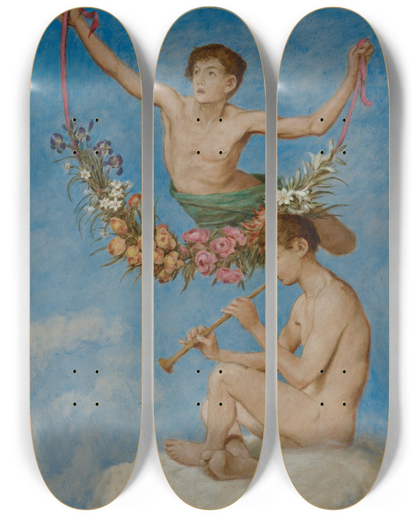 Triptych art skateboard deck of Hans Thoma Mai Zwei Jugendliche Genien Mit Blumen by Hans Thoma (1839-1924)