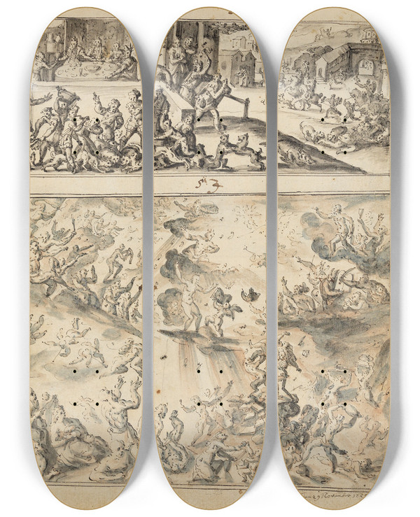 Triptych art skateboard deck of Bartholomus Dietterlin Das Gastmahl Des Reichen Jngstes Gericht by Bartholomaus Dietterlin (1609-1624)