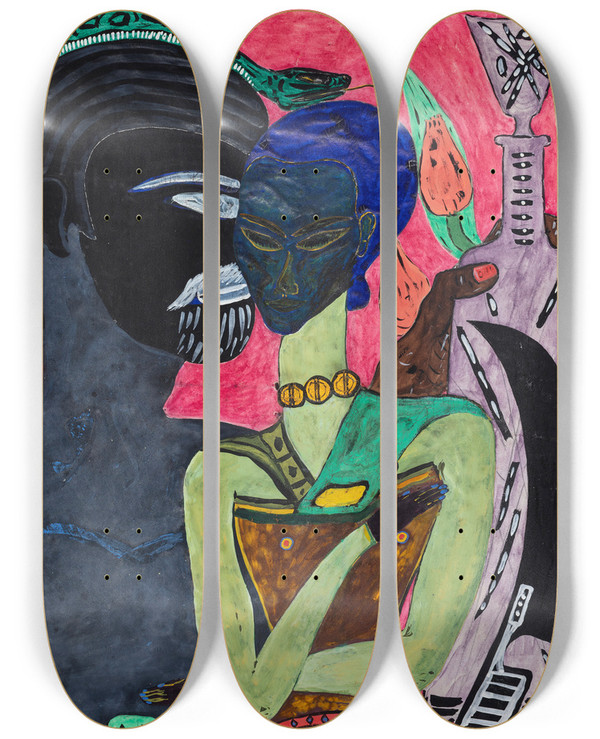 Triptych art skateboard deck of Gustaf Munchpetersen Den Tavse Fest by Gustaf Munch Petersen (1912-1938)