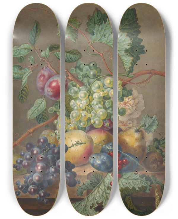 Triptych art skateboard deck of Jan De Bruyn Stilleven Met Vruchten by Jan de Bruyn (1794-1839)