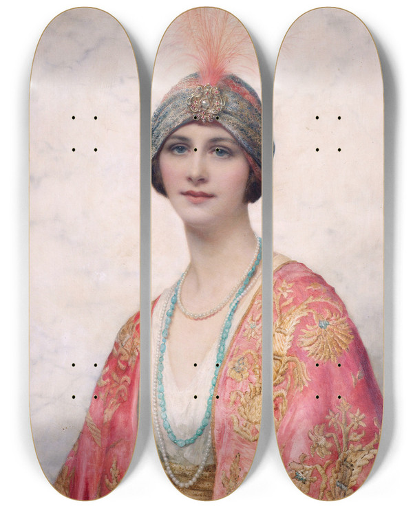 Triptych art skateboard deck of William Clarke Wontner A Beauty In Eastern Costume by William Clarke Wontner (1857-1930)