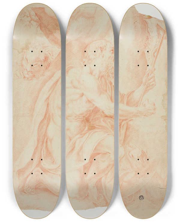 Triptych art skateboard deck of After Agostino Carracci Saint Jerome_1 by After Agostino Carracci (1557-1602)