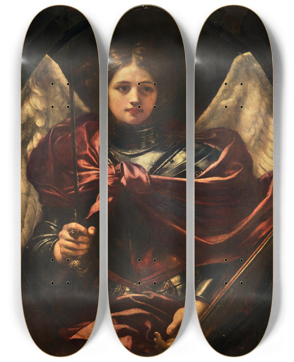 Triptych art skateboard deck of Baldassare Franceschini The Archangel Michael by Baldassare Franceschini (1611-1690)