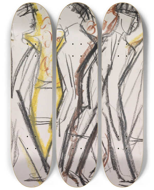 Triptych art skateboard deck of Ernst Ludwig Kirchner Passanten Auf Der Strae by Ernst Ludwig Kirchner (1880-1938)