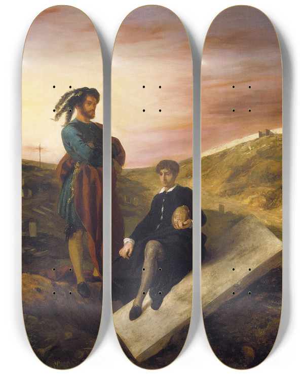 Triptych art skateboard deck of Eugne Delacroix Hamlet And Horatio At The Cemetery_1 by Eugene Delacroix (1798-1863)