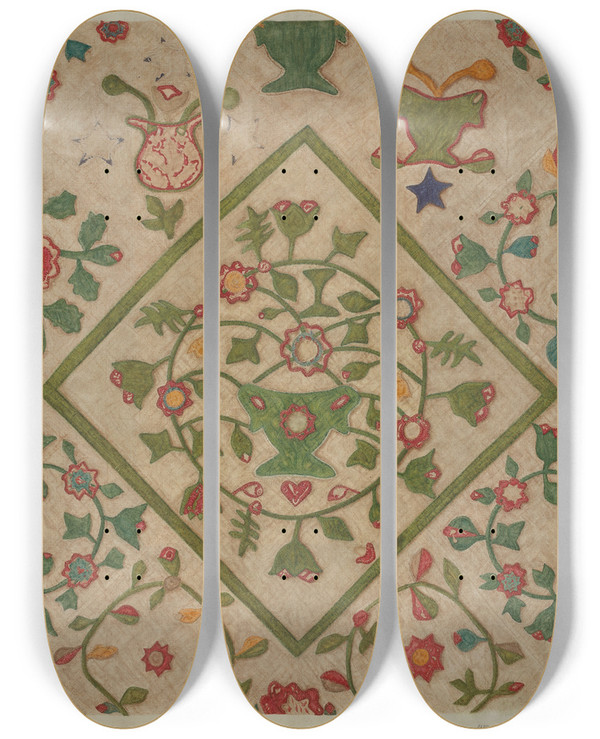 Triptych art skateboard deck of Mildred E Bent Applique Quilt_2 by Mildred E Bent