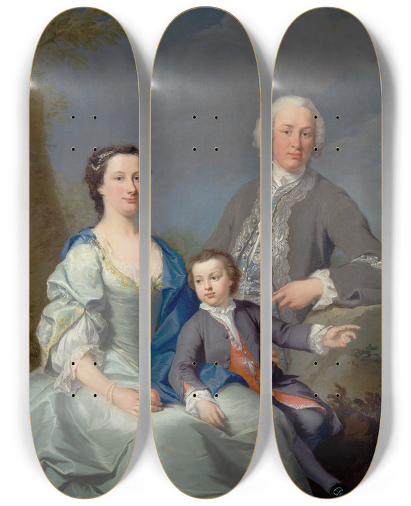 Triptych art skateboard deck of Andrea Soldi Sir Robert And Lady Smyth With Their Son Hervey by Andrea Soldi (1703-1771)