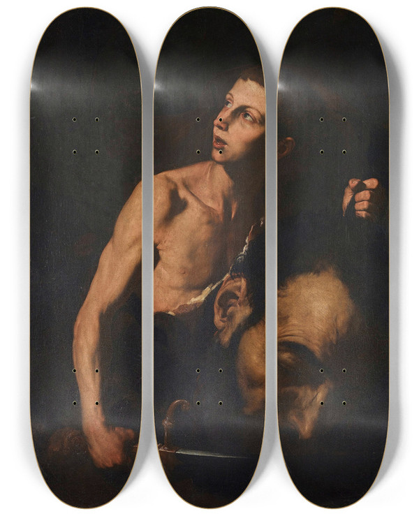 Triptych art skateboard deck of Jusepe De Ribera David And Goliath by Jusepe de Ribera (1591-1652)