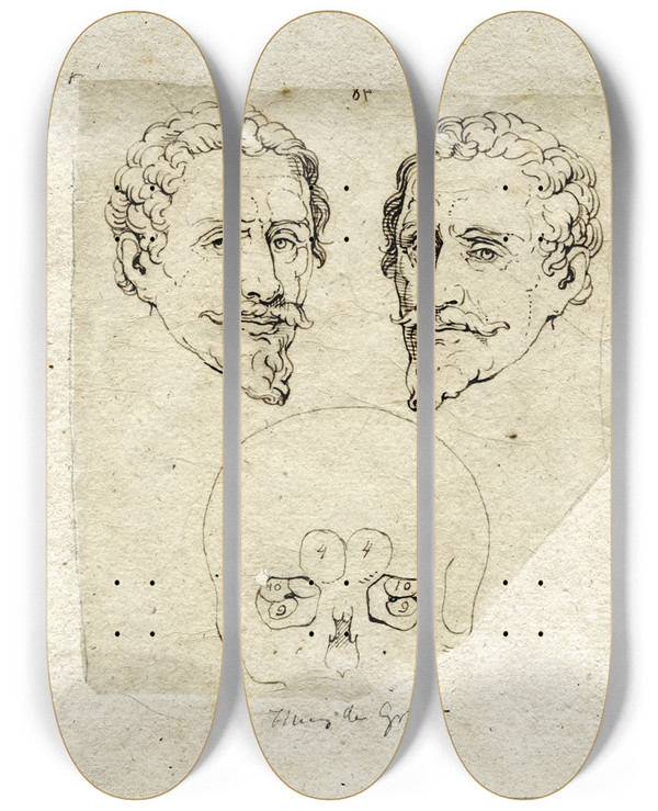 Triptych art skateboard deck of David Humbert De Superville Kop Van Hugo De Groot Beeld Spiegelbeeld En Schedel by David Humbert De Superville (1770-1849)