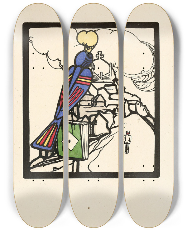 Triptych art skateboard deck of Edward Gordon Craig Bird Of A Feather by Edward Gordon Craig (1872-1966)
