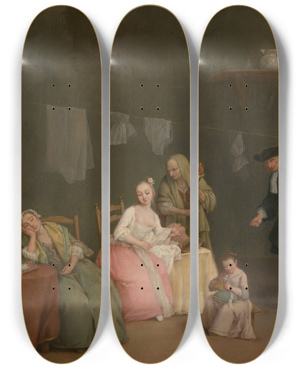 Triptych art skateboard deck of Pietro Longhi The Letter by Pietro Longhi (1702-1785)