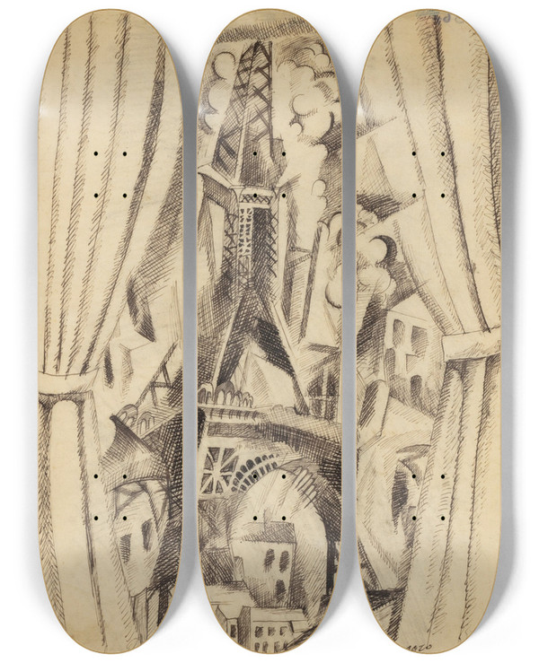 Triptych art skateboard deck of Robert Delaunay La Tour Aux Rideaux by Robert Delaunay (1885-1941)