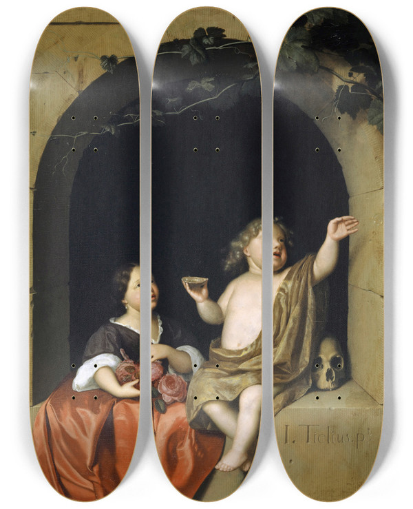 Triptych art skateboard deck of Jan Tilius Two Children At A Window Looking At A Soap Bubble by Jan Tilius (1680-1694)