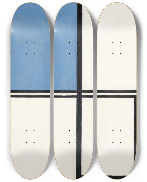 Triptych art skateboard deck of Piet Mondrian Composition With Blue And Red by Piet Mondrian (1872-1944)