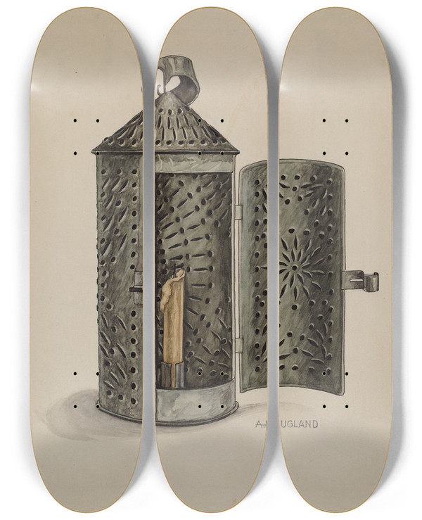 Triptych art skateboard deck of Augustine Haugland Tin Lantern by Augustine Haugland