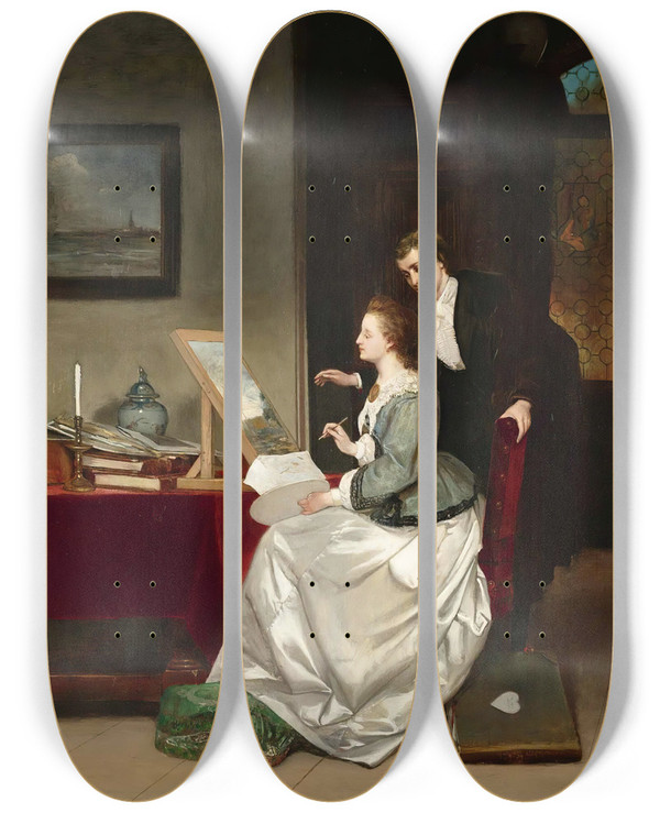 Triptych art skateboard deck of Frans Moormans The Painting Lesson by Frans Moormans (1832-1893)