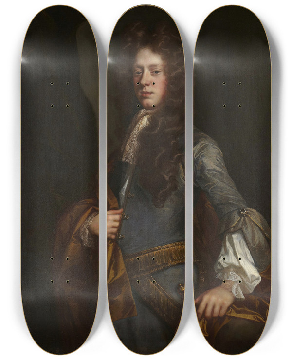 Triptych art skateboard deck of Sir Godfrey Kneller Sir Charles Barrington Bart by Sir Godfrey Kneller (1646-1723)