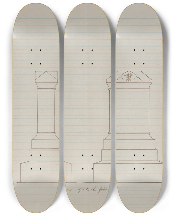 Triptych art skateboard deck of Alexander Maxwell Grave Monument Design Two Elevations by Alexander Maxwell (1838-1880)