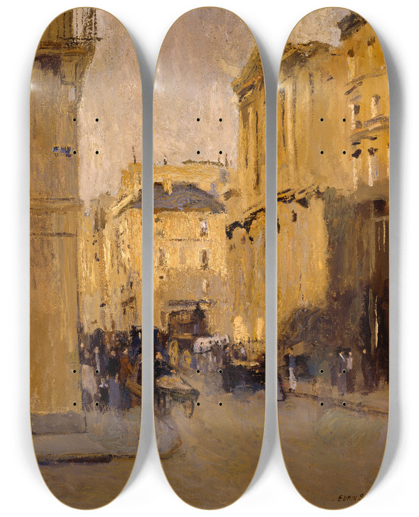 Triptych art skateboard deck of Frank Edwin Scott Saint Roche Rue Saint Honore by Frank Edwin Scott (1863-1929)