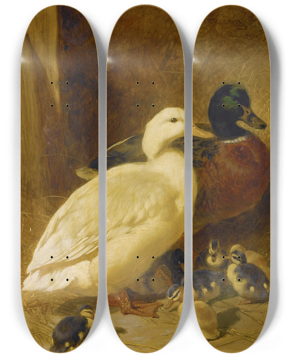 Triptych art skateboard deck of John Frederick Herring Snr Ducks And Ducklings by John Frederick Herring Snr (1795-1865)