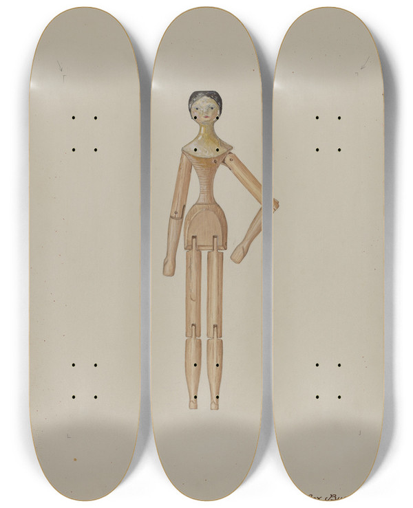 Triptych art skateboard deck of Rex F Bush Doll Clarissa by Rex F Bush (20-)