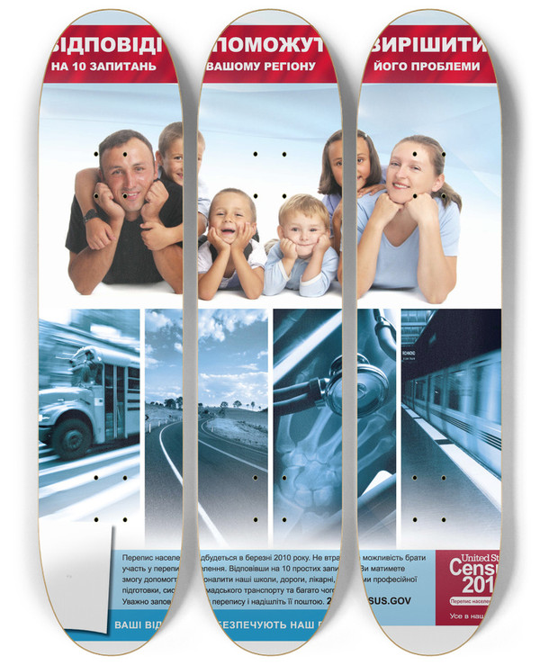 Triptych art skateboard deck of Bureau Of The Census Ukrainian Action Poster by Bureau Of The Census (1902)