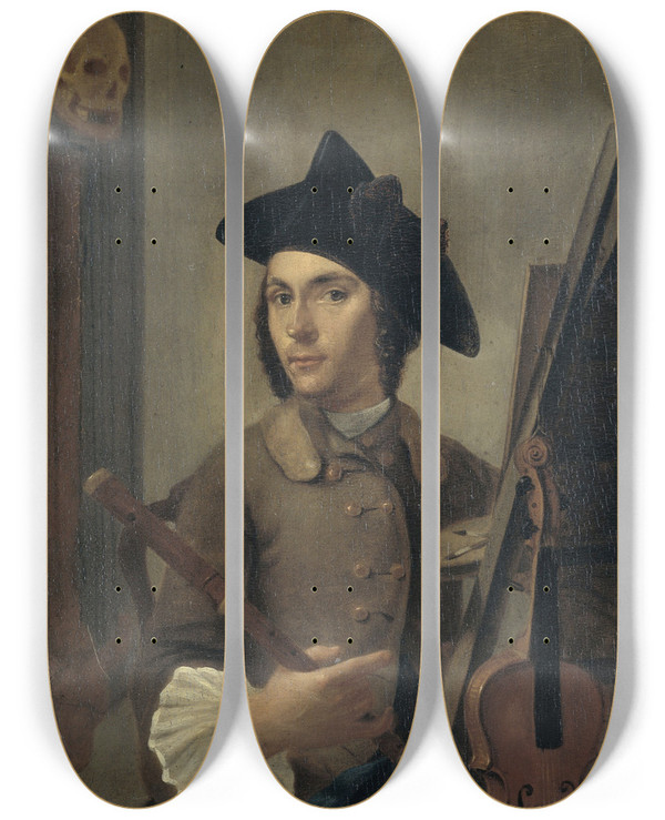 Triptych art skateboard deck of Gerrit Backhuijzen Selfportrait by Gerrit Backhuijzen (1721-1760)