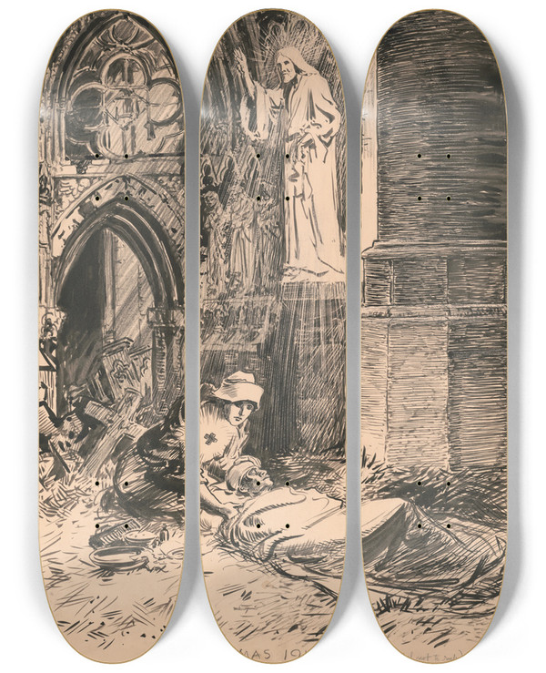 Triptych art skateboard deck of William Allen Rogers Christmas 1914 by William Allen Rogers (1854-1931)