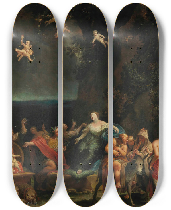 Triptych art skateboard deck of Giuseppe Maria Crespi Bacchus And Ariadne by Giuseppe Maria Crespi (1665-1747)