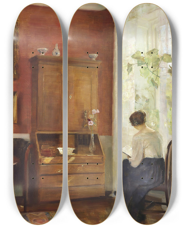 Triptych art skateboard deck of Carl Holse Interir Med Lsende Kvinde Ved Vinduet by Carl Holsoe (1863-1935)