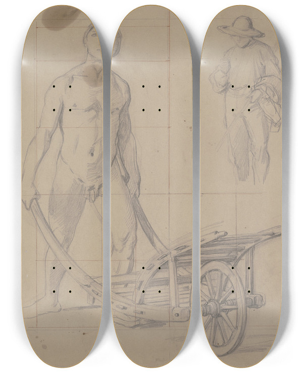 Triptych art skateboard deck of Jakob Becker Studienblatt Mnnlicher Akt Mit Schubkarren Stehender Bauer by Jakob Becker (1810-1872)