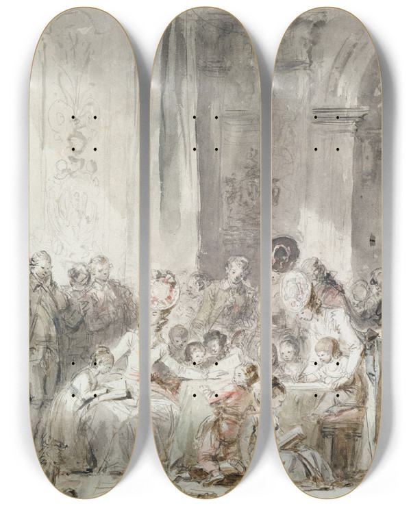 Triptych art skateboard deck of Jeanhonor Fragonard The Competition_1 by Jean-Honor Fragonard (1732-1806)