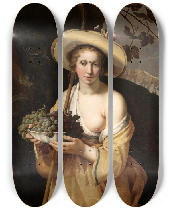 Triptych art skateboard deck of Abraham Bloemaert Shepherdess With A Bowl Of Grapes by Abraham Bloemaert (1564-1651)