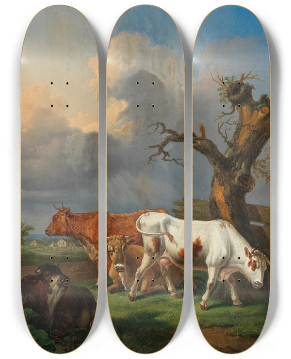 Triptych art skateboard deck of Johann Baptist Dallinger Von Dalling Cows Grazing In An Open Landscape by Johann Baptist Dallinger Von Dalling (1782-1868)