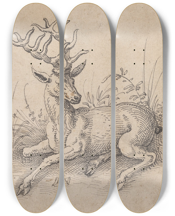 Triptych art skateboard deck of Jost Amman The Stag by Jost Amman (1539-1591)