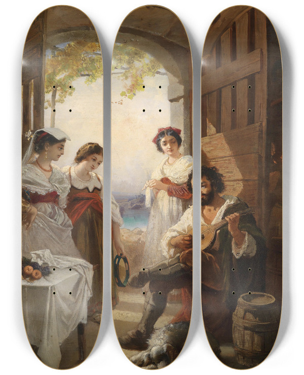 Triptych art skateboard deck of Anton Romako Neapolitanische Schenke by Anton Romako (1832-1889)