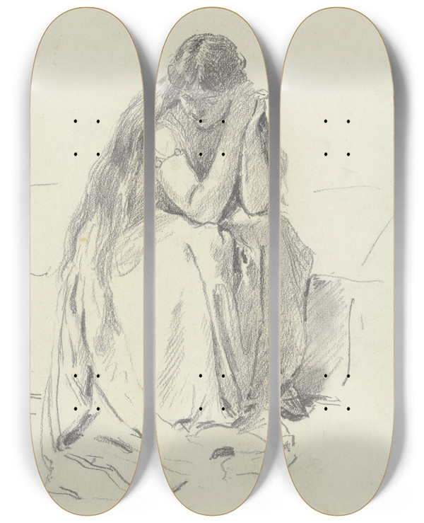 Triptych art skateboard deck of Otto Scholderer Sitzende Frau Mit Langem Haar Loreley by Otto Scholderer (1834-1902)