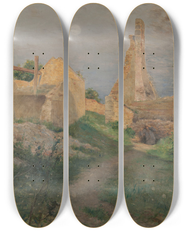 Triptych art skateboard deck of Georg Pauli The Ruins by Georg Pauli (1855-1935)
