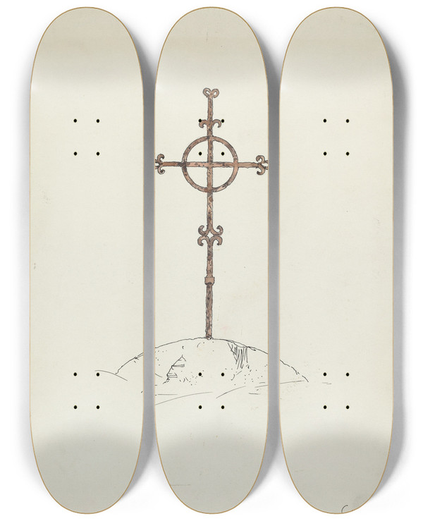 Triptych art skateboard deck of Geoffrey Holt Wrought Iron Cross by Geoffrey Holt (20-)