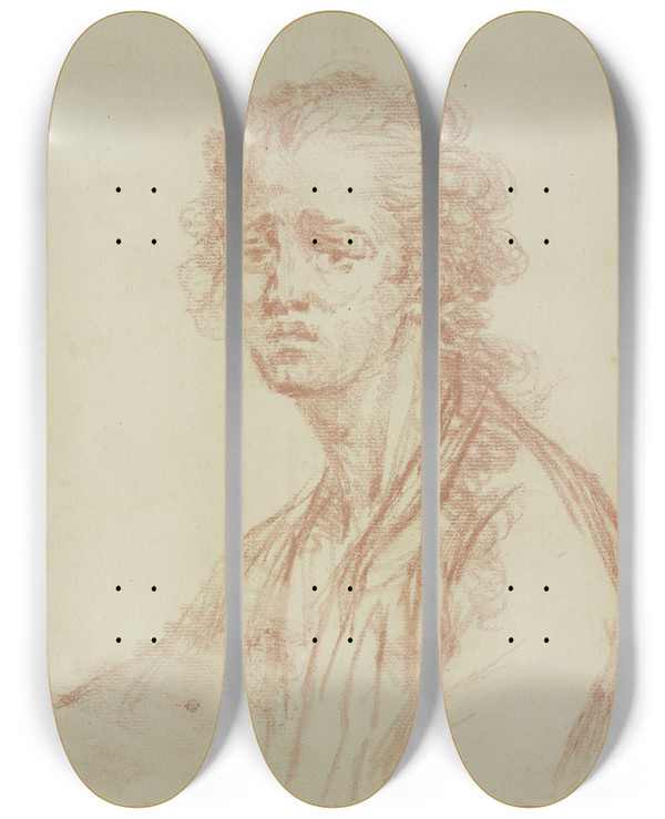 Triptych art skateboard deck of Charlesjoseph Natoire Bust Of A Man by Charles Joseph Natoire (1700-1777)