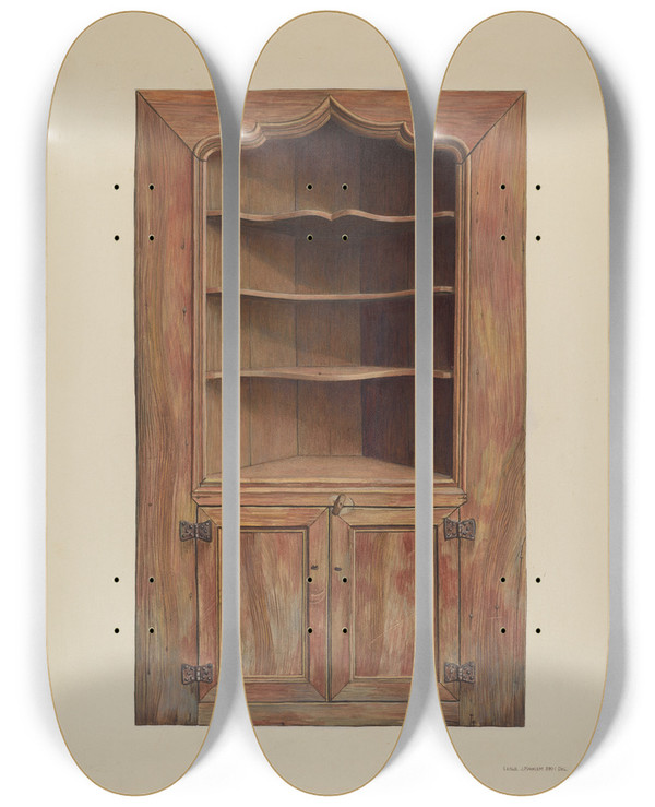 Triptych art skateboard deck of Leslie Macklem Corner Cupboard_2 by Leslie Macklem