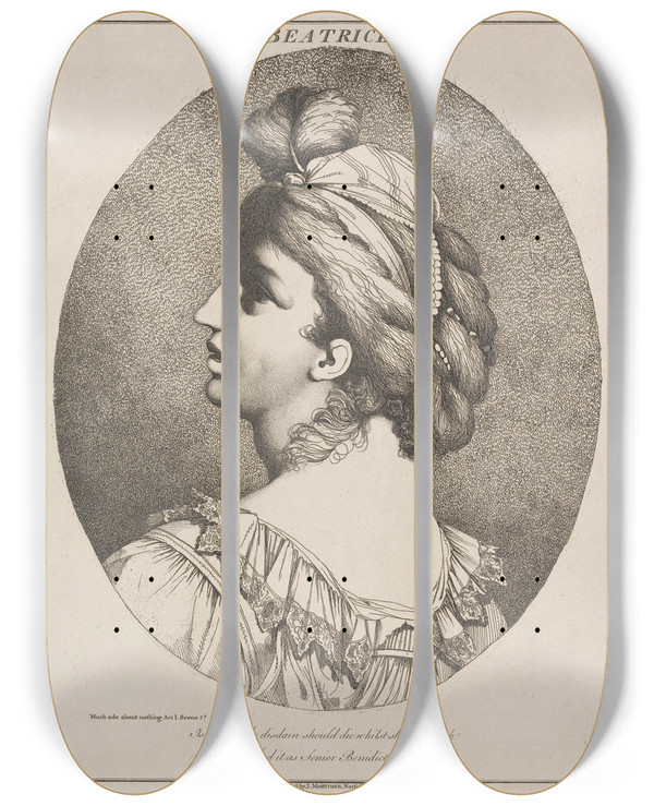 Triptych art skateboard deck of John Hamilton Mortimer Beatrice From Much Ado About Nothing Act 1 Scene 2 by John Hamilton Mortimer (1740-1779)